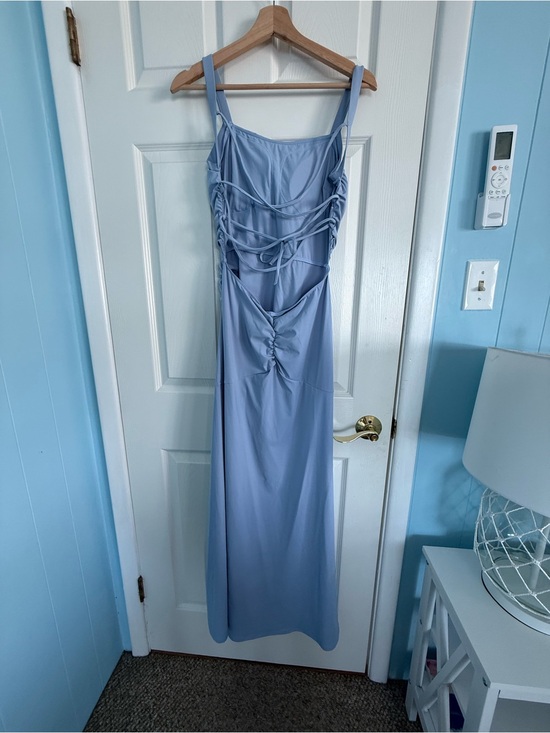 HALARA Dresses & Skirts - Halara Square Neck Ruched Lace Up Maxi Dress Blue NEW Medium M